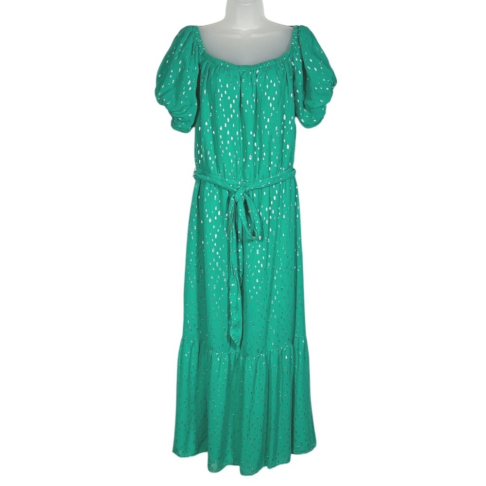 Lilly Pulitzer Dress Tami Off Shoulder Green Gold Metallic Midi Puff Sleeve XL